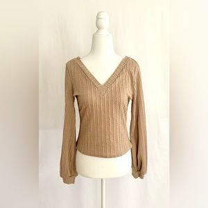 NWOT Adorable Tan V Neck and V Back Cropped Sweater. Size Medium